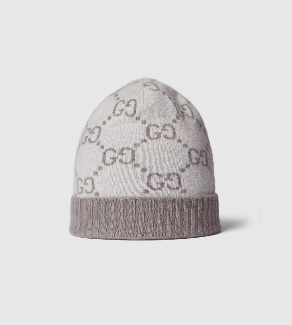 Bonnet et Écharpe en jacquard de cachemire GG ivoire et gris clair