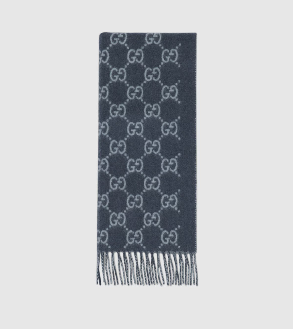 Bonnet et Écharpe en jacquard de cachemire GG bleu marine et bleu clair